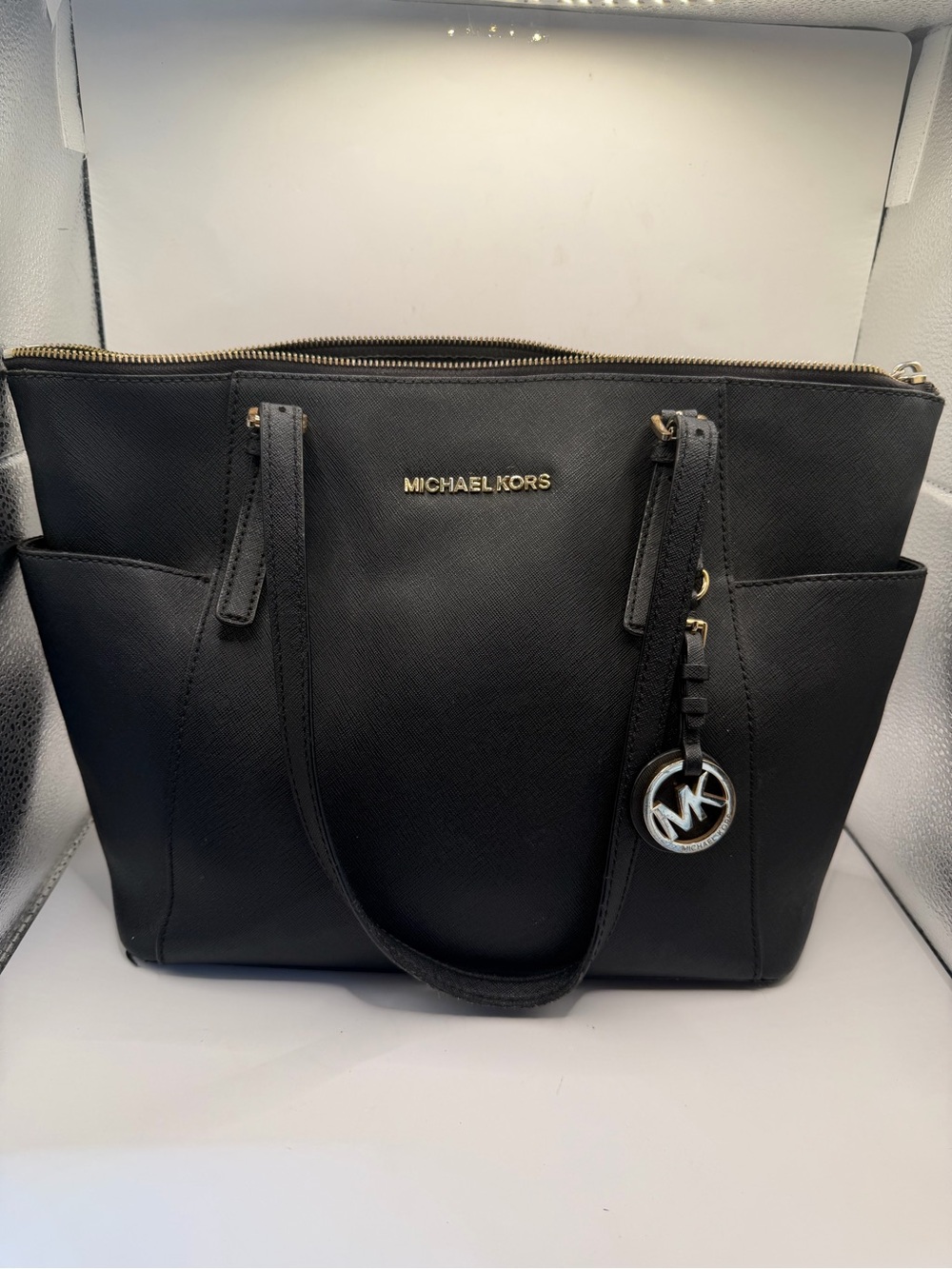 Michael Kors Jet Set Black Saffiano Leather Zip Top Tote Bag